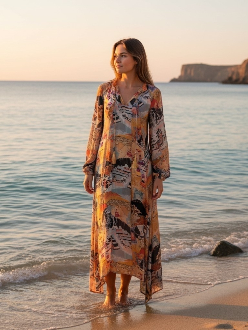 Chufy Memories of Peru Printed Boho Maxi Dress Tassel Tie Long Sleeve